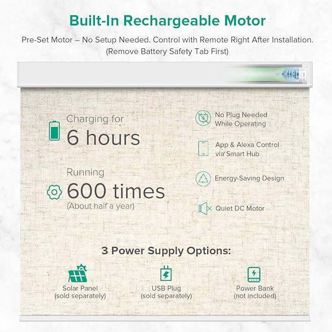 Motorized Roller Shades, 10O% Blackout Remote Control Custom Window Shades Compatible with Alexa Google Assistant via RF Hub, Rechargeable Electric Blinds for Windows (Texture Beige)