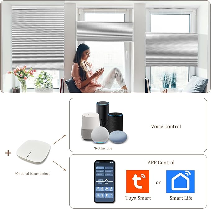 LEXEN Smart Top Down Bottom Up Honeycomb Shades - WiFi Enabled Motorized Cellular Blinds Compatible with Alexa/Google Home Double Cellular Fabric Light Filtering Insulated Custom Sizes-Black