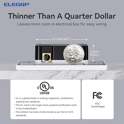 ELEGRP Dimmer Light Switch for 300W Dimmable LED/CFL Lights and 600W INC/HAL Bulbs, Single Pole/3-Way LED Slide Dimmer Light Switch, Wall Plate Included, UL Listed, 5 Pack, White