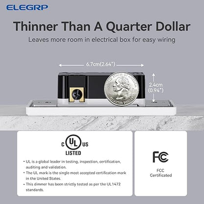 ELEGRP Dimmer Light Switch for 300W Dimmable LED/CFL Lights and 600W INC/HAL Bulbs, Single Pole/3-Way LED Slide Dimmer Light Switch, Wall Plate Included, UL Listed, 5 Pack, White
