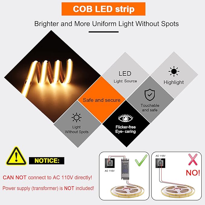 5mm Ultra Thin COB LED Strip 24V Ice Blue Color 16.4FT, RA>90 High CRI LED Tape Light, Cuttable Flexible, IP30 for Indoor House Kitchen Room Decor