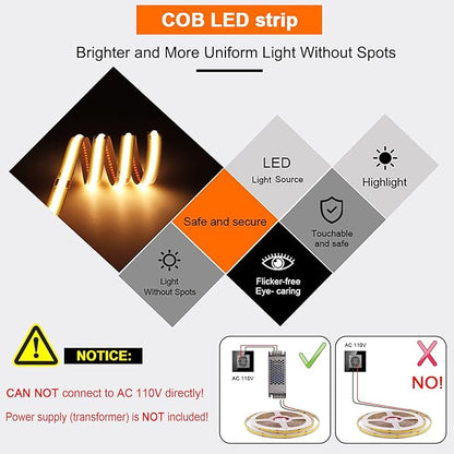 5mm Ultra Thin COB LED Strip 24V Ice Blue Color 16.4FT, RA>90 High CRI LED Tape Light, Cuttable Flexible, IP30 for Indoor House Kitchen Room Decor
