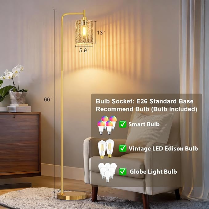 Oneach 66" Gold Floor Lamp for Living Room, Boho Floor Lamp with Remote Control and LED Bulb, Rattan Shade, Industrial Tall Farmhouse Standing Lamp for Bedroom, Dining Room, Study Room, Office