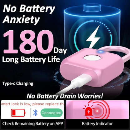 Pothunder Fingerprint Padlock, Smart Padlock, Locker Lock, Combination Lock, Fingerprint Lock with APP Unlock, USB Rechargeable, Suitable for Gym Locker, Door, Locker(Pink)