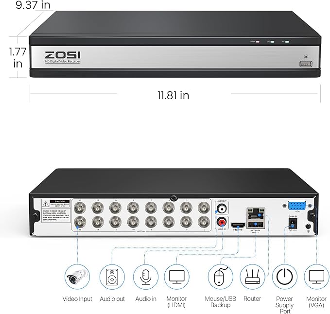 ZOSI 16 Channel H.265+ Home Security DVR Recorder, 1080P Lite Hybrid 4-in-1(Analog/AHD/TVI/CVI) CCTV DVR for Security Camera, Motion Detection, Mobile Remote Control, Alert Push (2TB HDD Included)