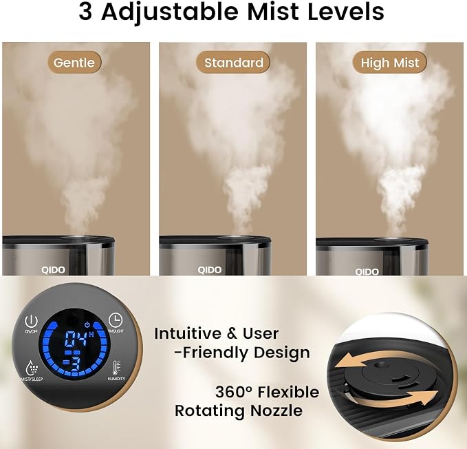COMHOMA Humidifiers for Bedroom, 5L Top Fill for Large Room, 36H Runtime, 28 dB Quiet Cool Mist Air Humidifier for Baby Nursery, Plants, Indoor, APP/7-color Nightlight, Easy to Clean & Fill, Black