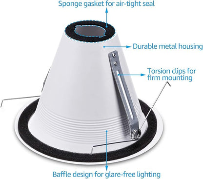 TORCHSTAR 6 Inch Recessed Can Light Trim, Air Tight Baffle Trim, IC-Rated Anti-Glare for 6 Inch Can, Self-Flanged Recessed Light Trim, White, Pack of 6