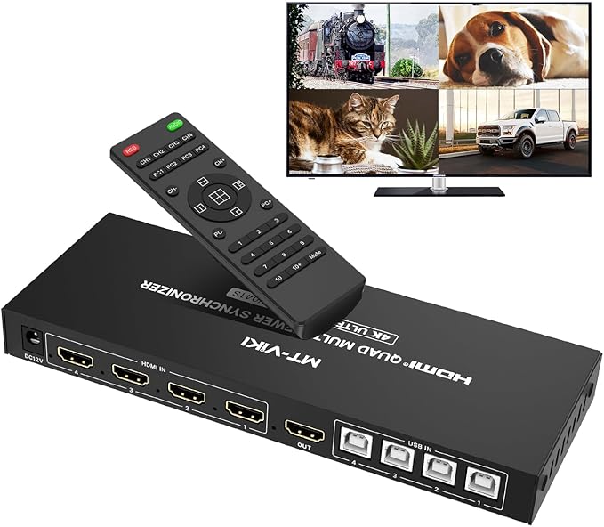 MT-VIKI HDMI KVM Multiviewer w/Audio, 4K@30Hz Quad-View HDMI Multiviewer, Support Keyboard Hotkey/Mouse-Crossing Switching, PIP POP
