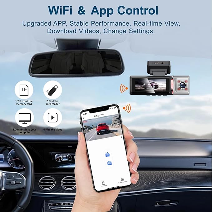 ChannelsTriple 3-in-1 Dash Cam | 4K Front, 1080P Interior & 1080P Rear Camera | with Wi-Fi Dashboard Camera | Parking Surveillance | Loop Recording | 64GB Card Included | Compatible with All Vehicles
