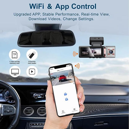 ChannelsTriple 3-in-1 Dash Cam | 4K Front, 1080P Interior & 1080P Rear Camera | with Wi-Fi Dashboard Camera | Parking Surveillance | Loop Recording | 64GB Card Included | Compatible with All Vehicles