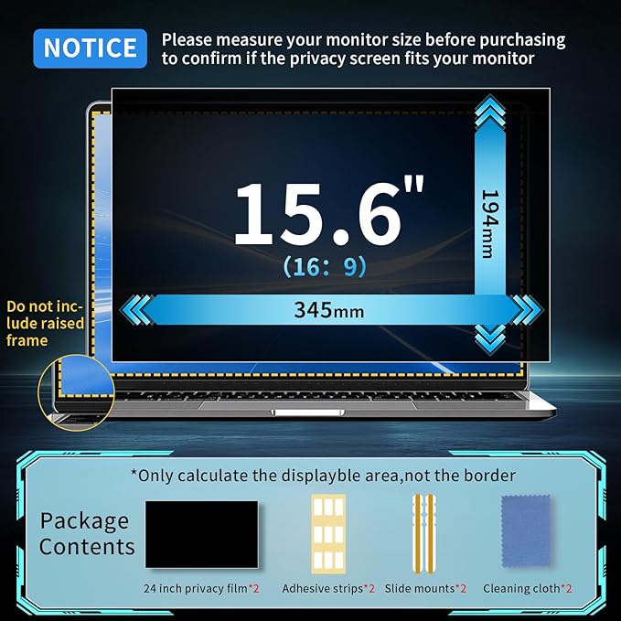 15.6 Inch 16:9 Laptop Privacy Screen Filter - Computer Monitor Privacy Shield Anti Glare and Blue Light Protector 1-Pack