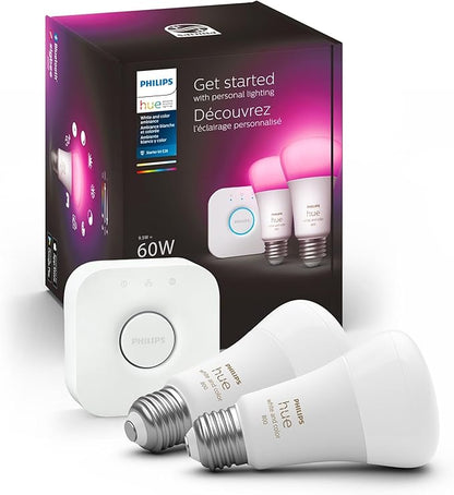 Philips Hue Smart Light Starter Kit - Includes Bridge and 60W A19 LED Bulb & Smart 75W A19 LED Bulb - White and Color Ambiance Color-Changing Light - 1 Pack - 1100LM - E26 - Indoor