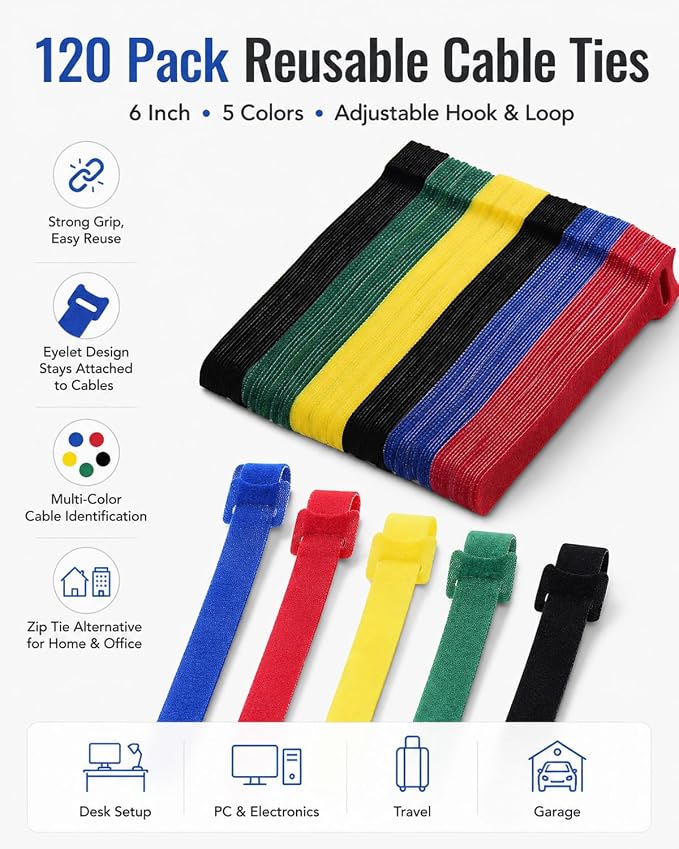 120 PCS 6 Inches Reusable Cable Ties, 5 Colors Adjustable Cord Organizer, Hook and Loop Wire Ties for Cable Management, Multi-Purpose Cord Wraps for Home, Office, and Desk