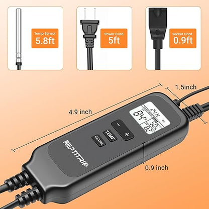 2 in 1 Reptile Dimming Thermostat with 2 Socket for Timer & Heating Control, Thermostat for Reptile Heat Lamp Heat Pad, PID Temperature Controller, Memory Function (Model: PT02T)