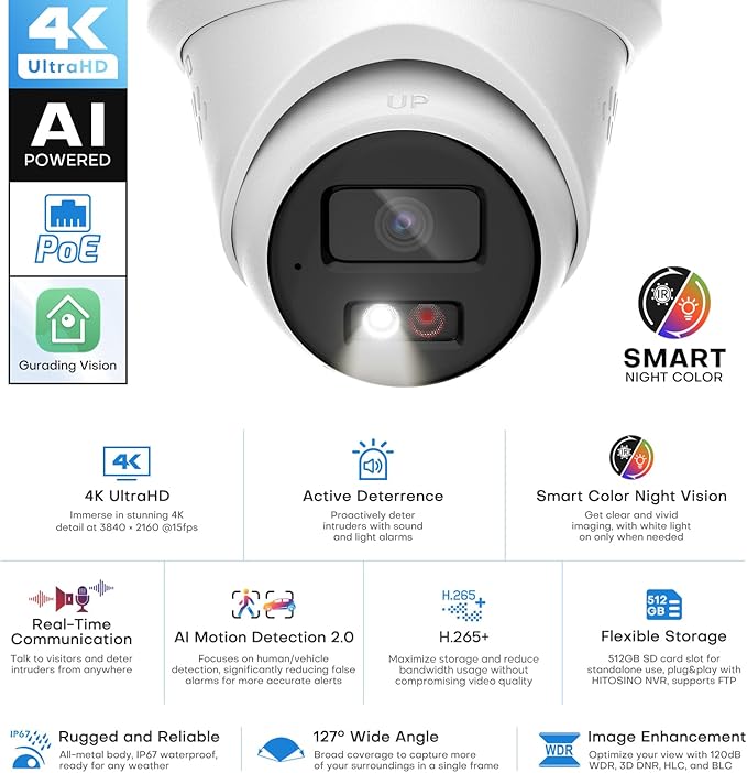 Real 4K Outdoor Turret PoE Camera - 8MP Active Deterrent IP Camera w/Smart Color Night (98ft), 2-Way Audio, Human/Vehicle Detection, Full Metal IP67, 127° Wide Angle, 120dB WDR