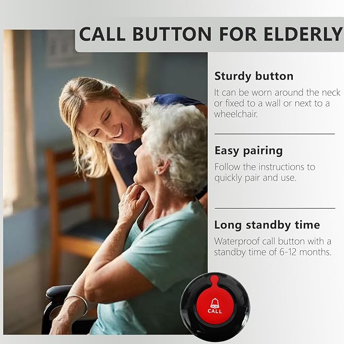 Call Button for Elderly at Home Wireless Caregiver Pager Watch Long Range Nurse Alert System Waterproof Emergency SOS Call Bell for Senior/Patient/Disabled with 2 Panic Button and 1 Wrist Receiver
