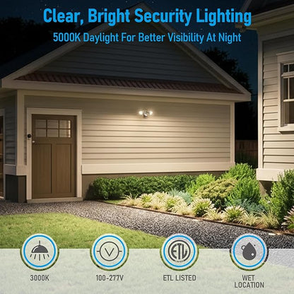 LEONLITE COB LED Security Light, Motion Sensor Outdoor Lights, Dusk to Dawn, 100-277V, ETL Listed, Adjustable Heads, Motion Detector Flood Light, Aluminum, IP65 Waterproof, 3000K Warm White, White