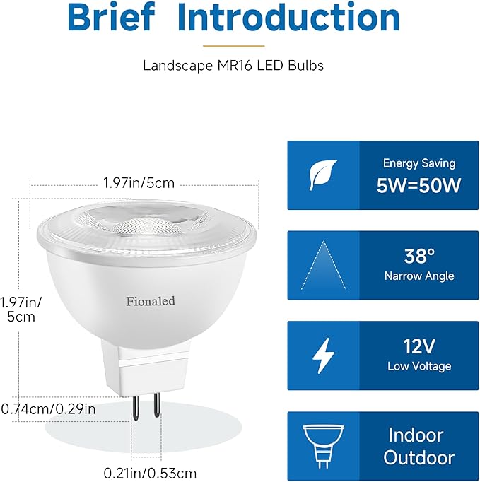 MR16 LED Bulbs, 50W Halogen Replacement, 2700K Warm White, Not Dimmable GU5.3 Bipin Base, 5W 12V Low Voltage Landscape Recessed Lighting Bulbs,10-Pack