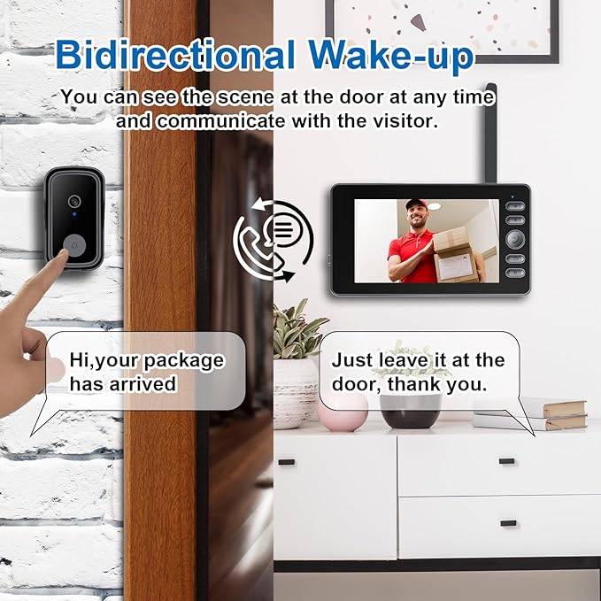 Doorbell Camera Wireless No Subscription Video Doorbell, Bidirectional Wake-up, Two-Way Intercom, 1080P Video, 4.3” Screen, 120° Angle, No APP, No WiFi