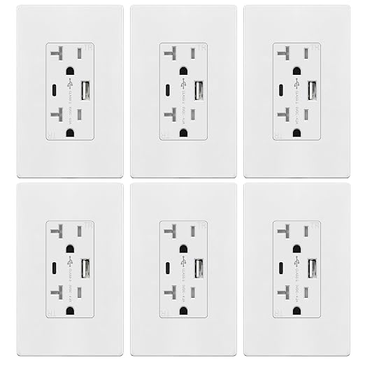 TOPGREENER USB Wall Outlet, 4.2A USB Receptacle with Type A&C Ports, 6 Pack | White, UL Listed, 20 Amp USB Outlets Receptacles, Tamper-Resistant Plug, Charging Power Outlet, Wall Plate Included