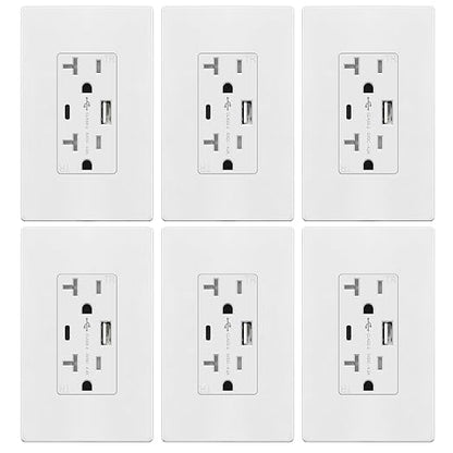 TOPGREENER USB Wall Outlet, 4.2A USB Receptacle with Type A&C Ports, 6 Pack | White, UL Listed, 20 Amp USB Outlets Receptacles, Tamper-Resistant Plug, Charging Power Outlet, Wall Plate Included