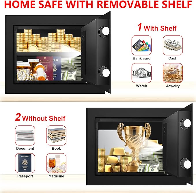 1.3 Cub Small Safes for Home Use Fire and Water Proof, Digital Security Fireproof Safe Box with Combination Lock, Smart Alarm System and Removable Shelf, Fire Safe for Home Documents Valuables