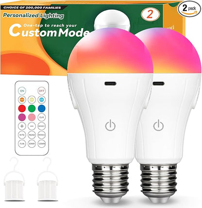 Neporal MagicGlow Rechargeable Light Bulbs with Remote, Memory Mode, 8 Colors Shift + Dimmable Battery Powered Light Bulbs, USB Rechargeable, A19 Emergency LED Bulbs, 15W (2, Rgb-3000-4000-6000k)