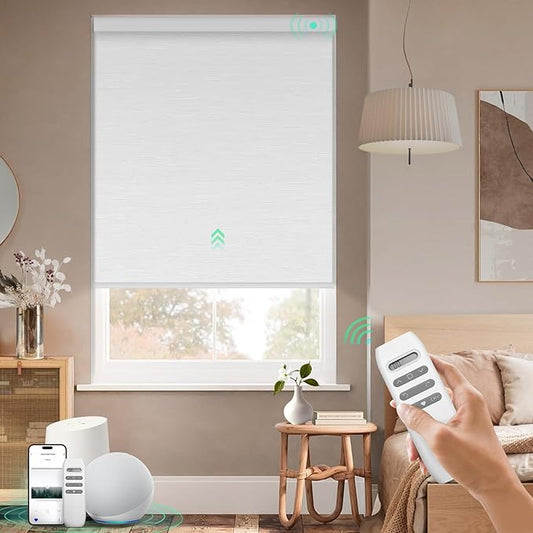 HeyBlinds Blackout Motorized Smart Blinds with Remote, Automatic Electric Shades for Windows (Moon Bay- White BO, 42" W x 72" H)