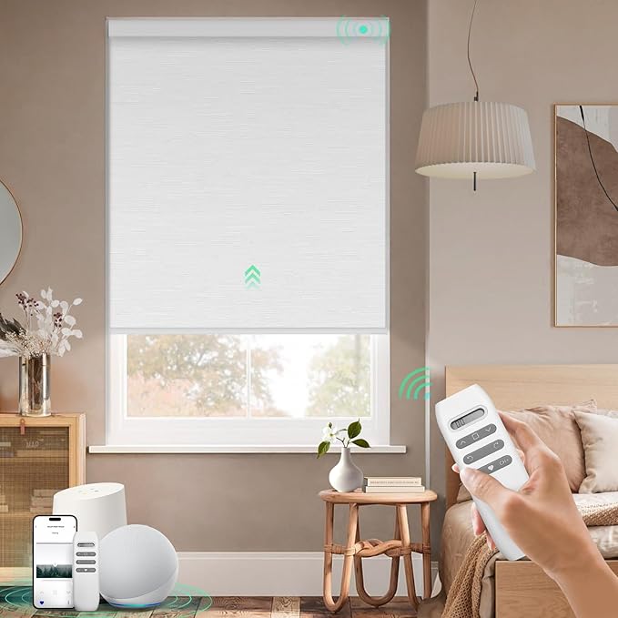 HeyBlinds Blackout Motorized Smart Blinds with Remote, Automatic Electric Shades for Windows (Moon Bay- White BO, 41" W x 72" H)