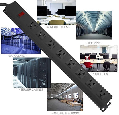 Metal 8 Outlet Mountable Power Strip, Wall Mount Outlet Heavy Duty, Wide Spaced Commercial Shop Power Strip with Switch, 15A 125V 1875W, 15 FT SJT 14AWG Power Cord (15FT)