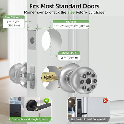 Fingerprint Door Knob, Smart Door Knob, Biometric Door Knob with Code, App Control, Auto Lock, Fingerprint Door Lock,Thumb Print Door Knobs for Bedroom, Office, Apartment,Satin Nickel