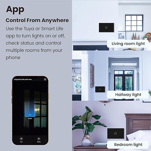 Smart Switch 118X72X34MM Neutral/No Neutral Wire Required, 2.4GHz Wi-Fi,Compatible with Alexa and Google Home 220V, Black 1 Gang 1 Pack