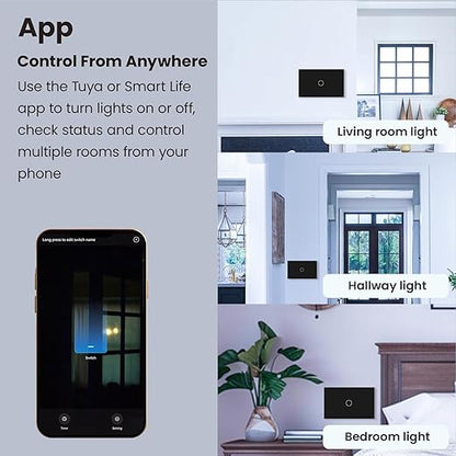 Smart Switch 118X72X34MM Neutral/No Neutral Wire Required, 2.4GHz Wi-Fi,Compatible with Alexa and Google Home 220V, Black 1 Gang 1 Pack