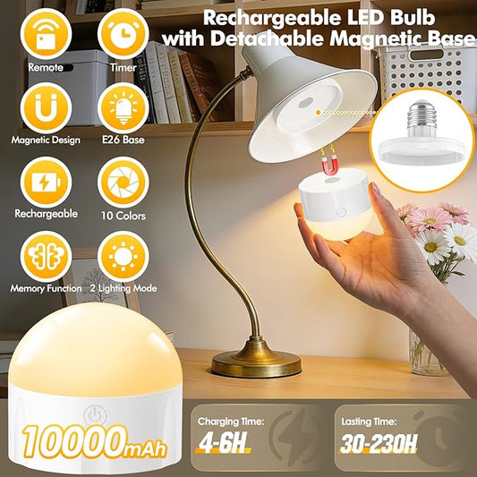 10000mAh Rechargeable Light Bulbs with Remote: E26 Led Battery Operated Light Bulb with 10 Colors & Timer for Sconces & Lamps - Dimmable Cordless Magnetic Bulbs with Remote for Non-Hardwired Fixture