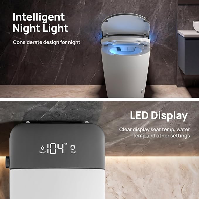 Smart Toilet with Bidet Built-in: Bidet Toilet with 5L Tank, Remote with Display, 5 Level Adjustable Heated Seat& Wash &Dryer, One Piece Toilet with Auto Flush Lid&Seat, Foam, Foot Sensor, UV-C Light