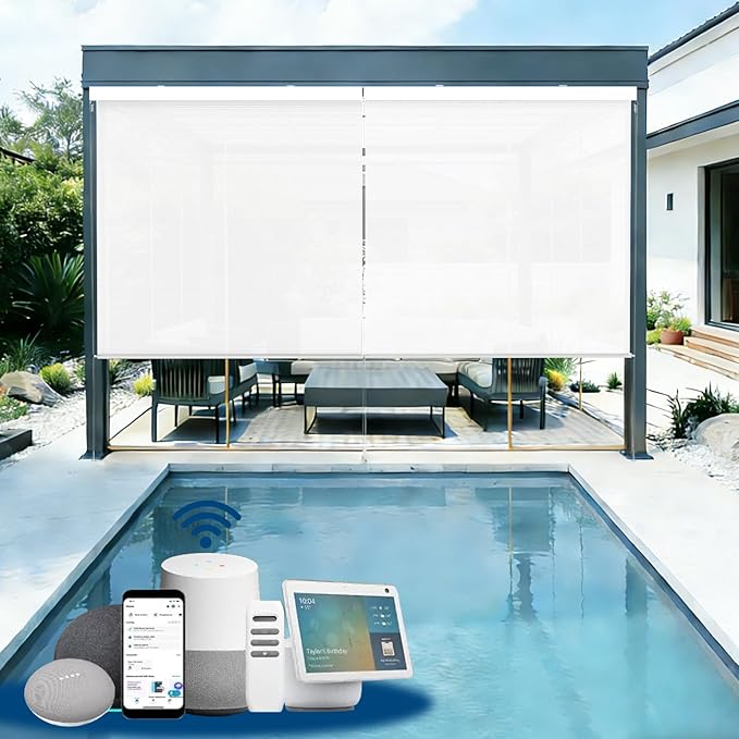 Motorized Outdoor Shades, Custom Patio Roller Blinds with Remote, Smart Exterior Sun Shades Compatible with Alexa, HomeKit, Google Home (1% Openness White)
