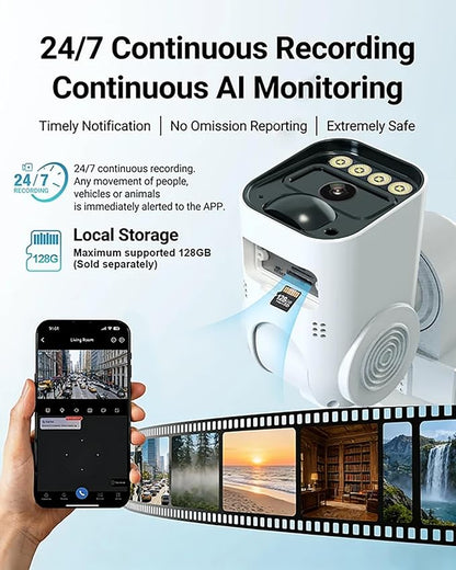 4G LTE Cellular Security Camera Solar Security Cameras Wireless Outdoor No WiFi Security Camera 24/7 Recording,2K Color Night Vision,2-Way Talk,Cloud & SD Card Storage,IP65,Built-in SIM Card