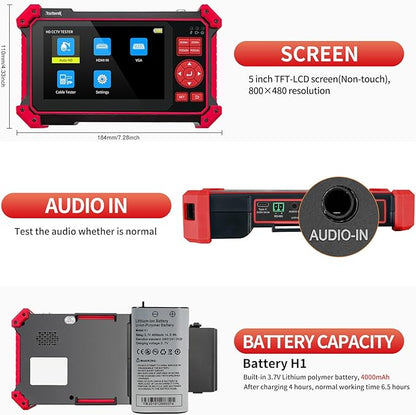 Rsrteng CCTV Tester Monitor Auto HD Coaxial Camera Tester 4K 8MP TVI/CVI/AHD/CVBS Video Monitor 5 inch TFT-LCD Screen Support Cable Tester, HD VGA Input PTZ Control RS485 OSD Menu DC12V Power Output