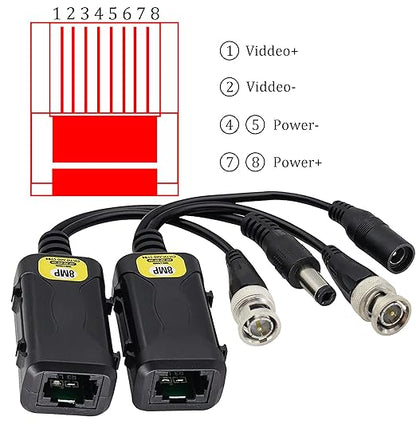 zdyCGTime Passive HD Video Balun BNC to RJ45 Network Transceiver Cat5/Cat6 Adapter Cable with DC Power 720P - 8MP Cat6 to BNC Male Connecto for CCTV Security Surveillance Camera System(16.5cm/4Pairs)