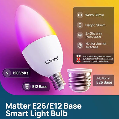 Linkind Matter E12/E26 Led Bulb, Color Changing Smart Light Bulbs, 4 Pack | Works with Alexa/Apple Home/Google Home, 500LM Candelabra Light Bulbs for Chandelier, 2.4G WiFi, with E26 to E12 Adapters