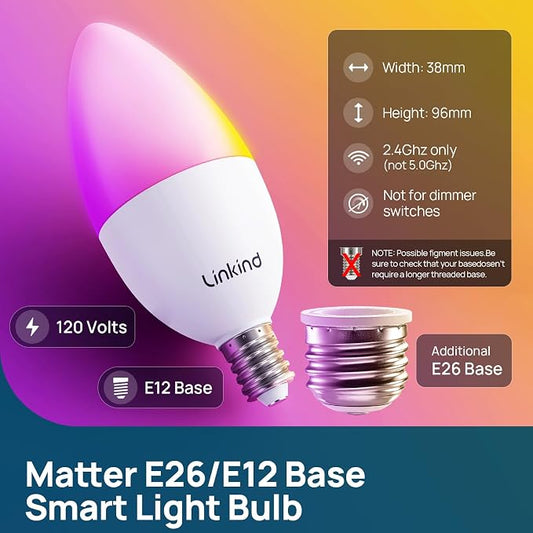 Linkind Matter E12/E26 Led Bulb, Color Changing Smart Light Bulbs, 4 Pack | Works with Alexa/Apple Home/Google Home, 500LM Candelabra Light Bulbs for Chandelier, 2.4G WiFi, with E26 to E12 Adapters