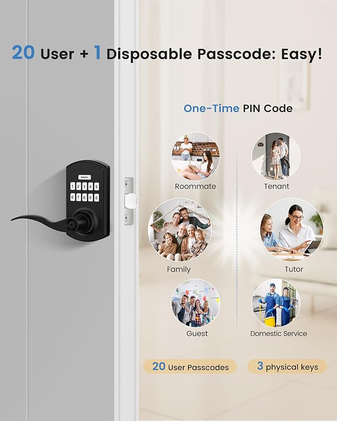 Hidalife Keypad Door Lock with Handle, Keyless Entry for Front Door, Manual Passage Mode, Matte Black