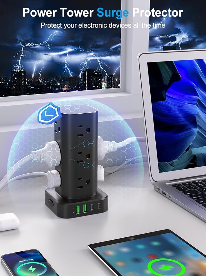 Power Strip Tower with Multiple Outlets, Flat Plug Surge Protector Tower Extension Cord with 12 AC Outlets 4 USB Ports (2 USB C), 10FT Cord Power Tower Surge Protector for Home Office Dorm Room, Black