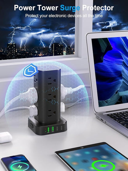 Power Strip Tower with Wireless Charger, Flat Plug Surge Protector Tower with 15FT Extension Cord, 12 AC Multiple Outlets, 4 USB (2 USB C),15W Wireless Charging Power Tower for Home Office Dorm, Black