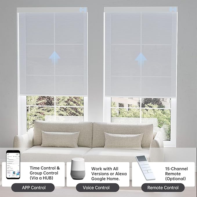 Motorized Blinds with Remote, Light Filtering Smart Blinds for Windows Automatic Roller Shades Compatible with Alexa, Motorized Shades Customized for Living Room Home Office (Jacquard White)