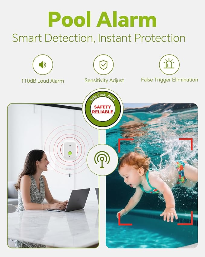 Pool Alarm, Floating Pool Safety Alarms for Inground & Above Ground Pools – Loud 110dB Alert, Adjustable Sensitivity, Protection for Kids & Pets (Green)