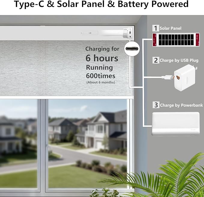 Motorized Light Filtering Roller Shades – Smart Electric Blinds for Living Room, Alexa Google Home Siri, Matter Compatible, Custom Window Shades, Cordless Rechargeable
