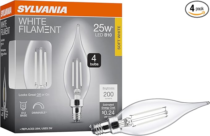 Sylvania B10 Clear LED White Filament Bulb, 2W, Dimmable, 200 LMS, Candelabra Base, 2700K, Soft White - 4 Pack (42263)