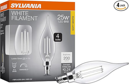 Sylvania B10 Clear LED White Filament Bulb, 2W, Dimmable, 200 LMS, Candelabra Base, 2700K, Soft White - 4 Pack (42263)