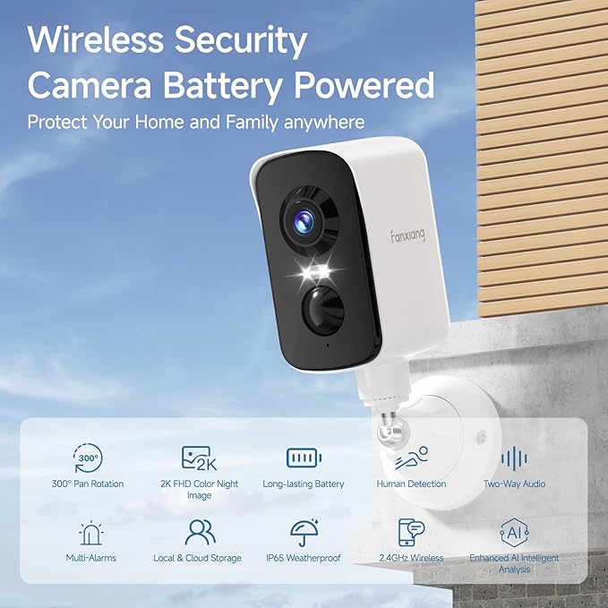 fanxiang 2K Wireless Security Camera Outdoor Rechargeable Battery Camera WiFi, 300° Pan Rotating, AI Motion Detection, PIR, Color Night Vision, Spotlight, Siren, Two-Way Talk, IP65, SD/Cloud Storage